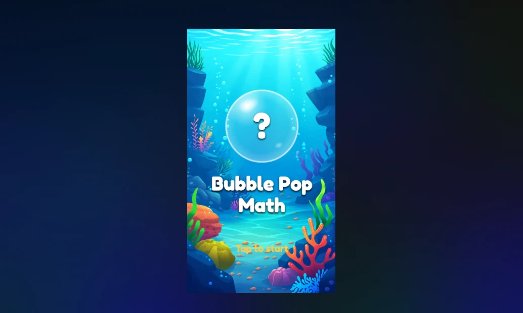Pop Math title screen — an underwater scene with a bubble inviting the player to tap to start.