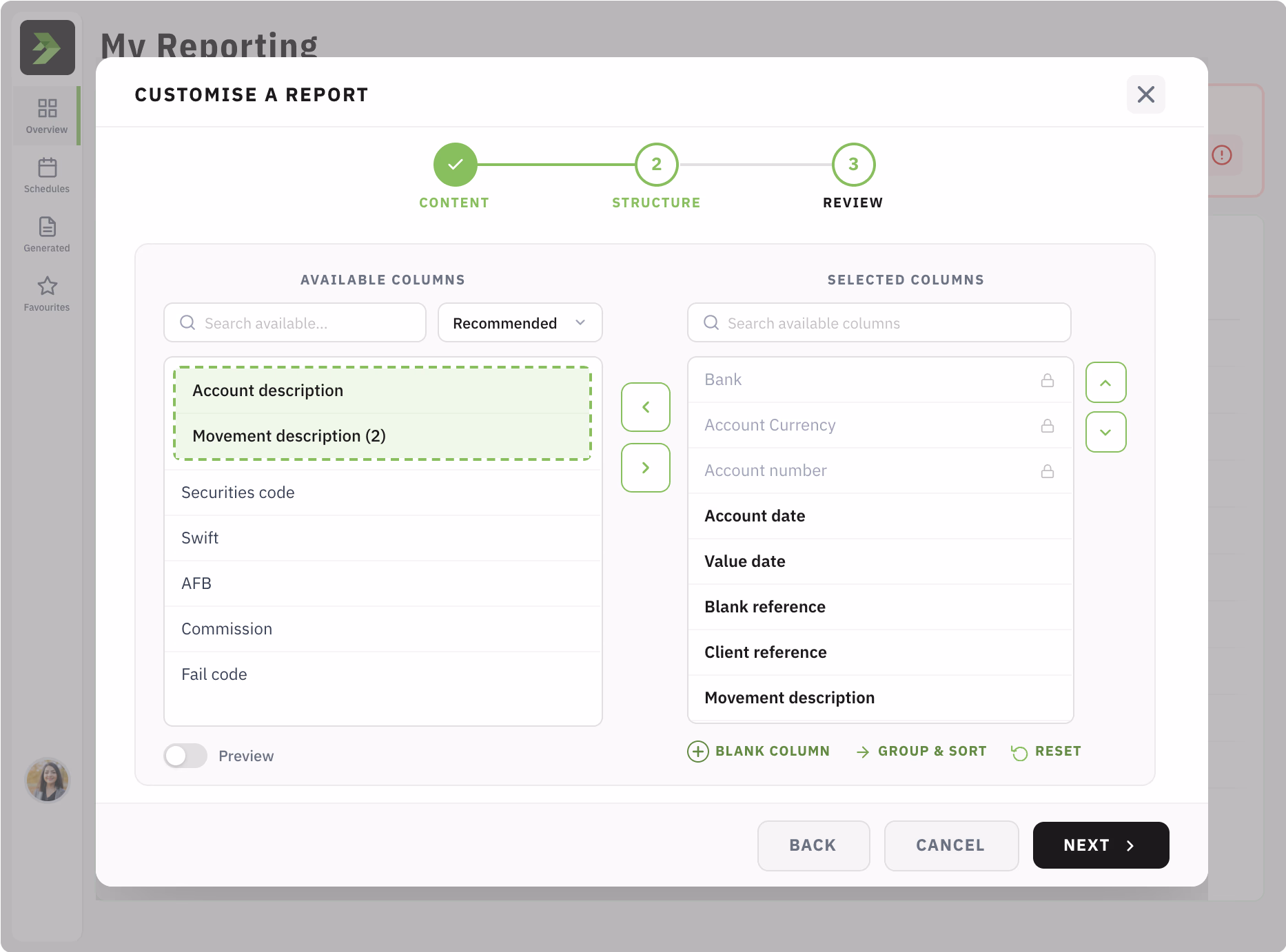 The report builder, letting users customise exactly which columns appear before generating a report.